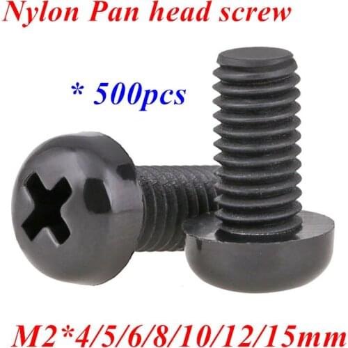 500pcs Thread 2mm M2*4/5/6/8/10mm GB818 Black Nylon Round Pan Head Screw Phillips head Machine screws bolts with M2 Hex Nut