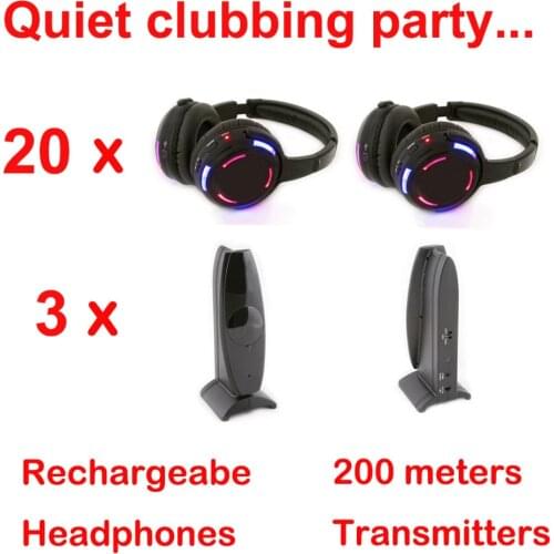 Silent Disco complete led light wireless headphones - Quiet Clubbing Party Bundle (20 Headphones + 3 Transmitters)