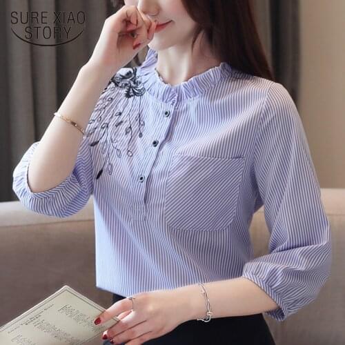 Women Blouses 2021 Embroidered Striped Shirts 3/4 Sleeves Lantern Sleeve Chiffon Shirts Pocket Button Womens Clothing 8148 50