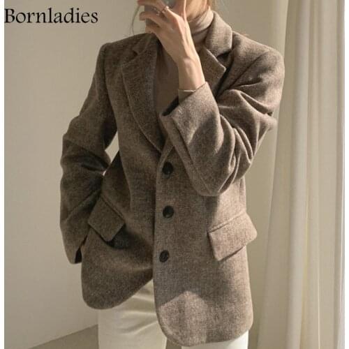 Bornladies 2021 Winter Women Retro Herringbone Quilted Blazers Autumn Vintage Loose Elegant Lady Wild Thicken Cotton Coats Tops