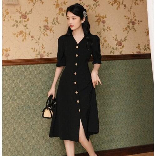 Black Retro Elegant Hepburn Style Dress V-neck Sexy Chic Single-breasted Korean Thin Puff Sleeve French Temperament Dresses
