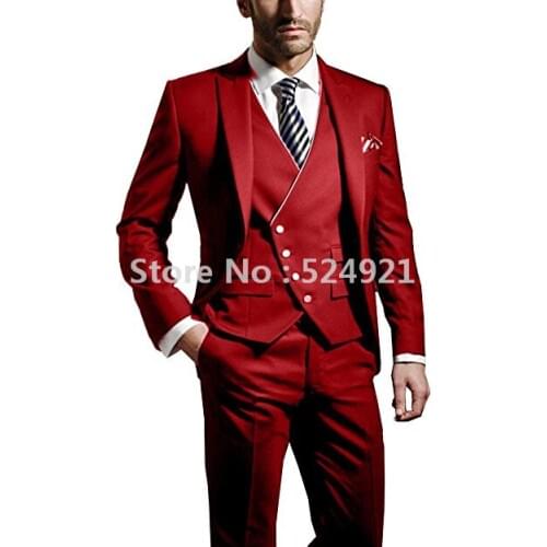 Brand New Groomsmen Red Groom Tuxedos Peak Lapel Men Suits Wedding/Prom Best Man Blazer ( Jacket+Pants+Vest +Tie) C304