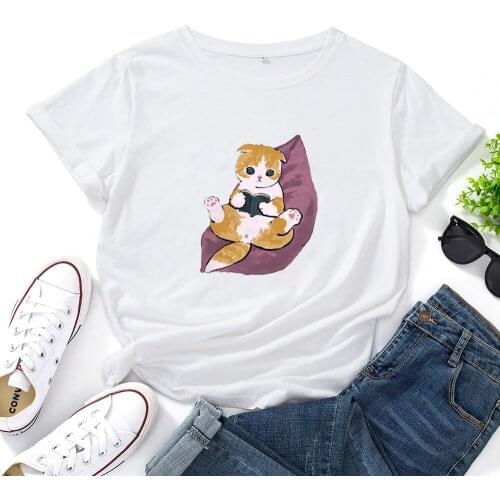 Cartoon Funny Cat Graphic Harajuku T-shirt for Women Korean Aesthetic Kawaii Tshirt Female O-neck Casual Cotton Women T Shirt