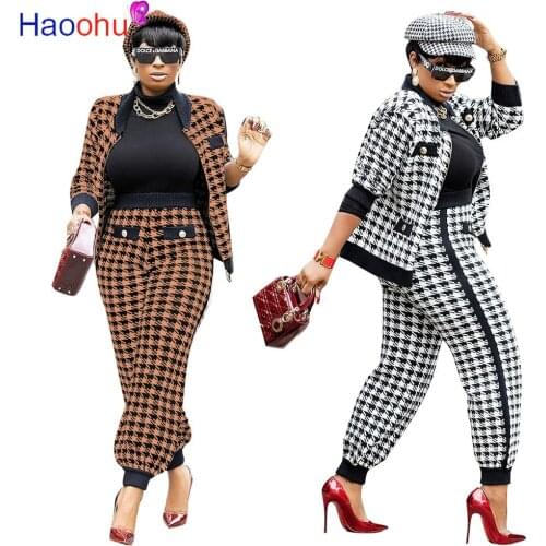 HAOOHU Houndstooth Patchwork Two 2 Piece Set for Women Vintage Fitness Outfits Jacket + Pants Set Streetwear Tracksuit