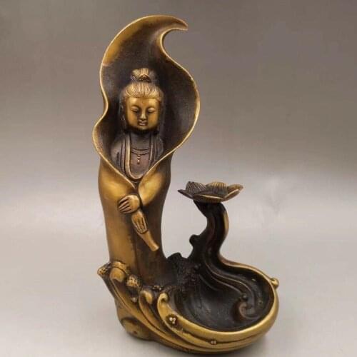 Chinese Old copper to create Guanyin lotus incense burner Home decoration