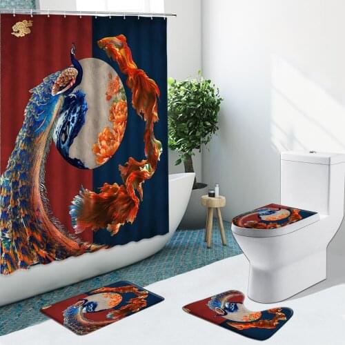 Chinese Style Peacocks Fish Flower Shower Curtain Green Plant Non-Slip Flannel Rug Toilet Cover Bath Mats Bathroom Set Floor Mat