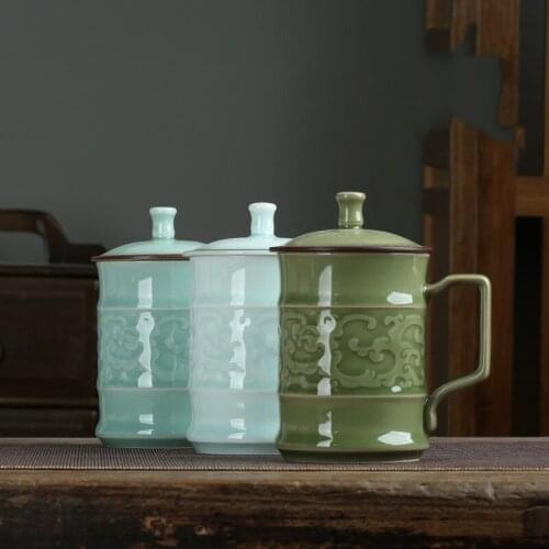 Coffee Mug Teacup 12oz Cup with Lid Microwave and Dishwasher Safe Chinese Porcelain Drinkware Engraved Retro Pattern Ceramic