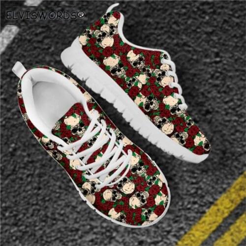 ELVISWORDS Rose Skull Pattern Casual Womens Lace-up Sneaker Flats Comfortable Ladies Walking Shoes Non-ship zapaotos de mujer