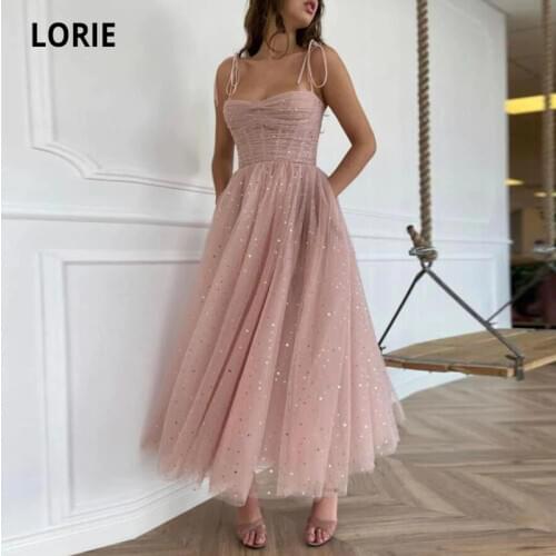 LORIE Shiny Sandy Pink Prom Dresses Corset with Boning and Decoration Straps Tea Length Tulle with Gold Stars Night Party Gown