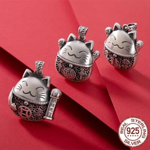 Lovely Lucky Cats Necklaces No Chain Real 999 Sterling Silver Animals Thai Silver Kitty Pendants Ethnic Pets Cat Fashion Jewelry