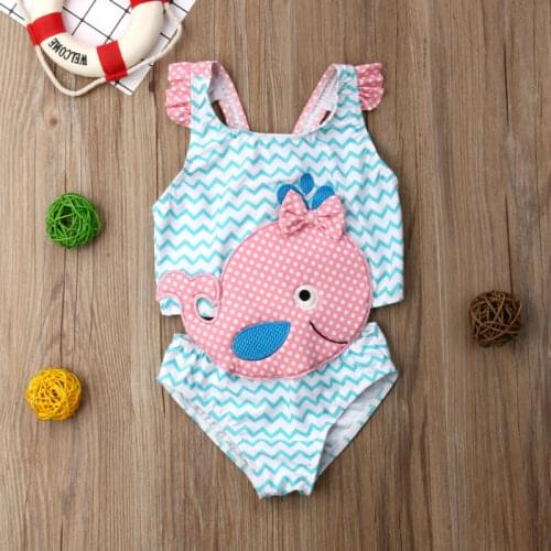 Toddler Kid Baby Girls Cute Sleeveless Whale Ripple Print Hollow Out Bow-knot One-Piece Swimsuits Bathing Suit Beachwear