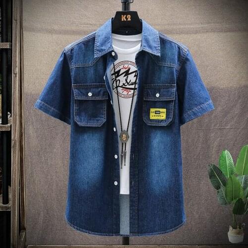 2021 Summer MenS Denim Short-Sleeved Shirt Korean Fashion Business Casual Double Pockets Cowboy Jacket Male High-End Brand Tops