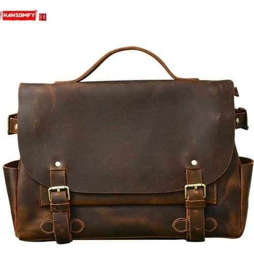 Genuine Leather Mens Handbag Retro British style laptop bag crazy horse leather briefcase Men crossbody shoulder bags schoolbag
