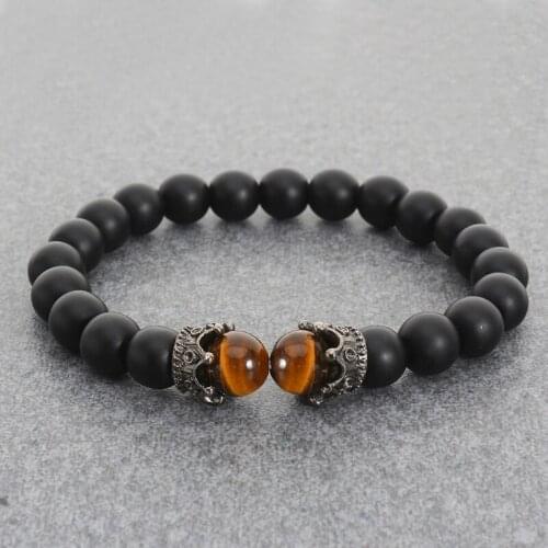 Charm Lava Stone Men Bracelet CZ Pave Crown High Quality Black Onyx Tiger Eye Beaded Bracelets Elastic Rope Fashion Jewelry Gift