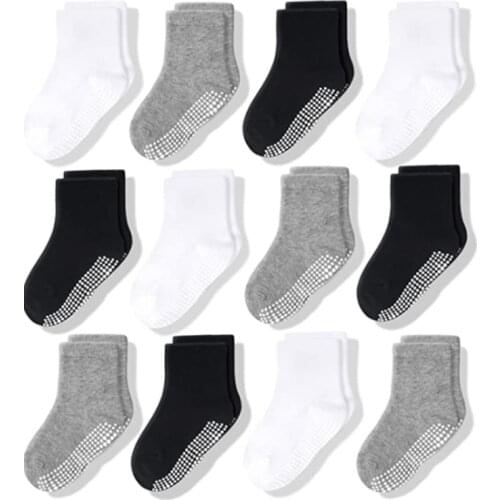 Non Slip Toddler Socks 12 Pairs with Grip for Boys Girls Baby Infants Kids Anti Skid Cotton Crew Socks 1-7Years