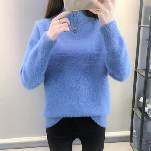 Autumn Winter Knitted Faux Mink Fur Pullover Women Turtle Neck Top Ladies White Solid Color Jumper Femme Casual Sweater Female
