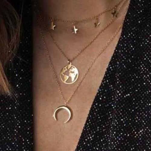 Tocona Boho Round Hollow World Map Star Moon Pendant Necklace For Women Punk Metal Gold Chain Multilayer Collar Jewelry 7104