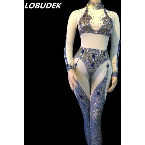 Multicolour Rhinestones See-through Jumpsuit White Mesh Perspective Jumpsuits Sexy Nightclub Clothing Female Bar Party Costume