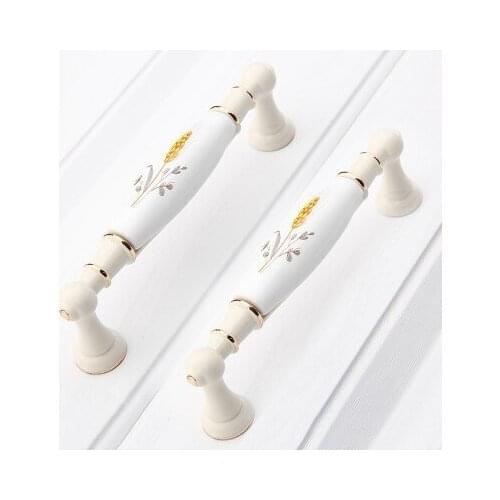 128mm White Gold Kitchen Cabinet Door Handle Wheat Ceramic Dresser Drawer Pull Rutal Porcelain Modern Furniture Door Handle 5"