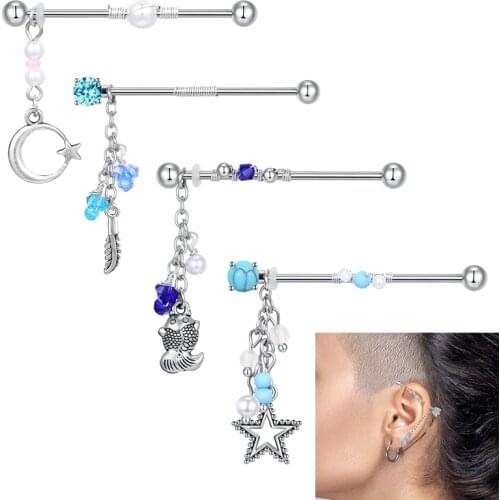 1piece 38mm Industrial Piercing Barbell Dangle Stainless Steel Cartilage dangle earring Men, women gothic body jewelry wholesale