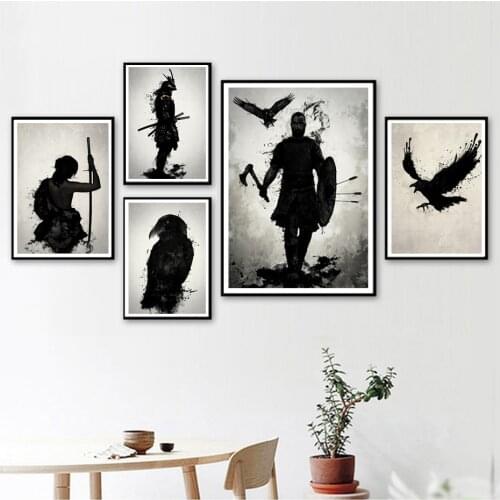 Nordic Mural Armored Samurai Viking Warrior Living Room Retro Abstract Silhouette Wall Art Painting Home Decor Mural