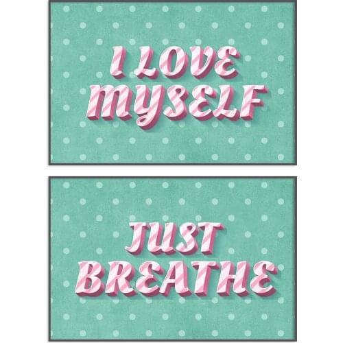 Modern Room Print Wall Art I love myself And Just breathe text Set Of 2 Piece Art Boho Painting No Frame Pictures