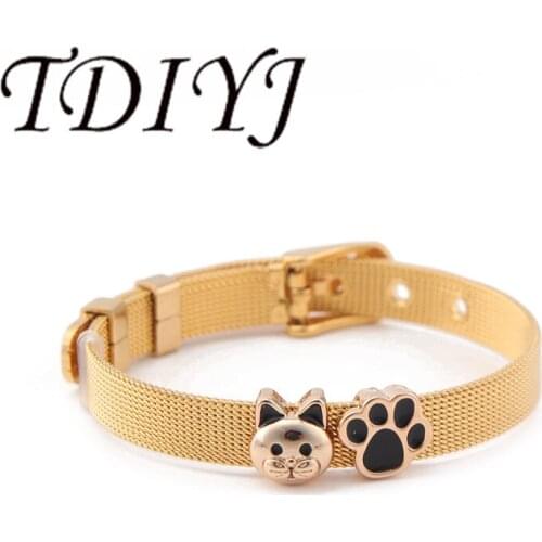 TDIYJ 8MM Lovely Cat With Footprint Slide Charms Gold Stainless Steel Mesh Bracelet for Women Children 1Set