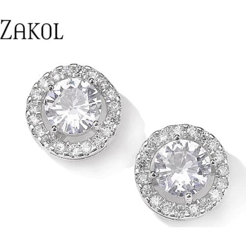 ZAKOL Fashion White Color Hearts & Arrows Stud Earrings For Women Wedding Elegant AAA Zircon Crystal Round Jewelry FSEP038