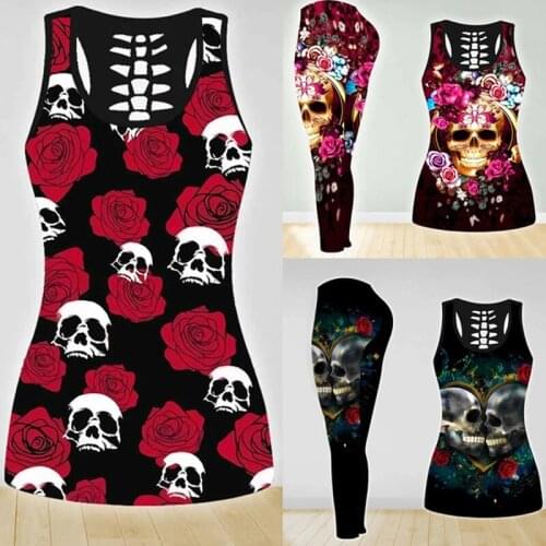 Womens Over Printed Yoga Suit Skull Rose Hollow Vest Tank Top High Waist Leggings Sports Ladies Suit