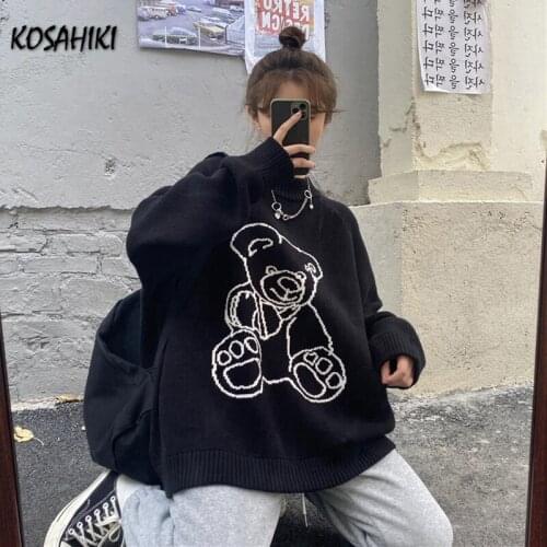 KOSAHIKI 2021 Harajuku Korean Jacquard Pullovers Loose Fashion Vintage Cute Sweater Casual Cartoon Print Jerseys Mujer 11a012