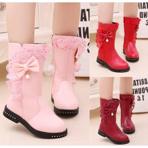ChildrenS Winter Boots for Girls Rhinestone Flower Fashion Plush Long Boots Princess Flats Dress Shoes Snow Martin Boots