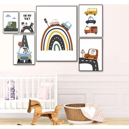 Baby Car Track Wall Art Poster Painting Elephant Cartoon Animal Print Nursery Canvas Posters Nordic Kids Boy Room Decor Picture