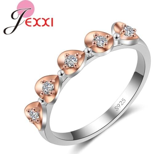 Double Color Simple Heart Design Finger Wedding Promise Rings For Women Filled Shiny Crystals 925 Sterling Silver Jew
