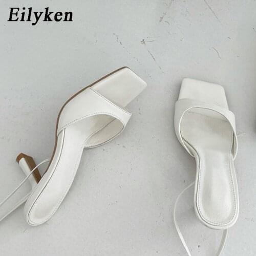 Eilyken New Gladiator Sandals Women High Quality PU Leather Square Toe Stiletto Heels Fashion Ankle Lace-Up Ladies Shoes