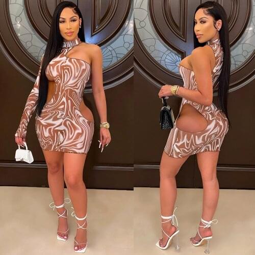 Fashion Womens Irregular Dress Open Hip Dress Printed Single Sleeve Off Shoulder Dress