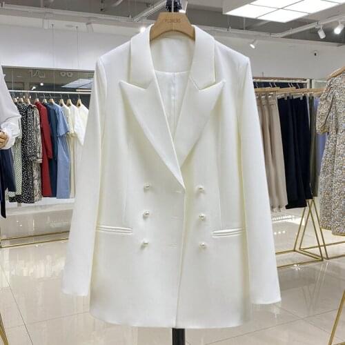Trendy Small Suit Jacket Lady 2021 Spring Autumn Pearl Buckle Slim Pure Color Casual Temperament Cream Blazer Women Coat zh1328