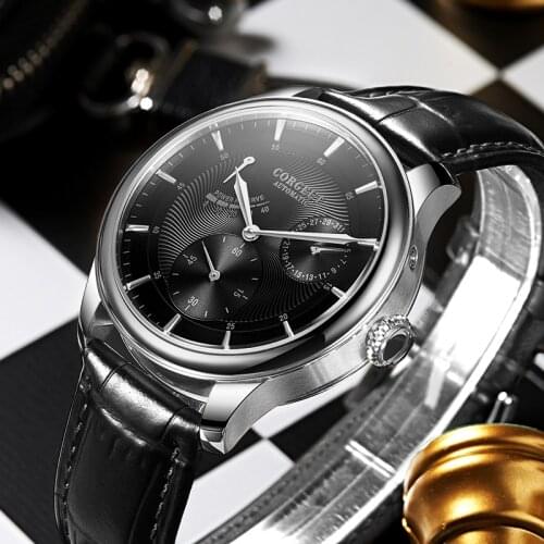 Corgeut Mens Watch Top Brand Stainless Steel Power Reserve Watch Leather Automatic Mechanical Wristwatches