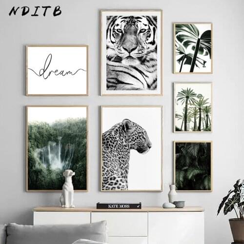 Nature Forest Landscape Canvas Wall Art Print Painting Nordic Tiger Leopard Poster Waterfall Palm Leaf Picture Modern Home Decor