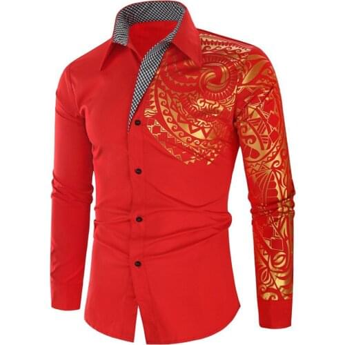 Stylish Mens Hot Stamping Totem Print Turn Down Collar Shirt Top Fashion Casual Long Sleeved Male Social Business Dress Shirts