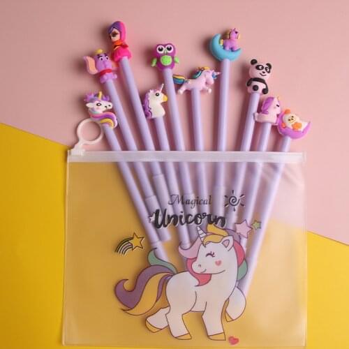 10pcs Cut Cartoon Gel Pen Black Ink Ballpoint Pens with A Unicorn Bag for Writing Kawaii Stationery Office School FB911