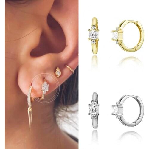 Real 925 Sterling Sliver Square Rhinestone Huggie Hoop Earrings for Women Delicate Geometric Zircon Tiny Earrings Aretes Jewelry