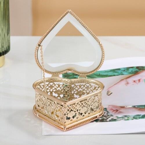 High-End Heart-Shaped European Retro Glass Plating Gold Jewelry Box Wedding Ring Box Small Exquisite Storage Box