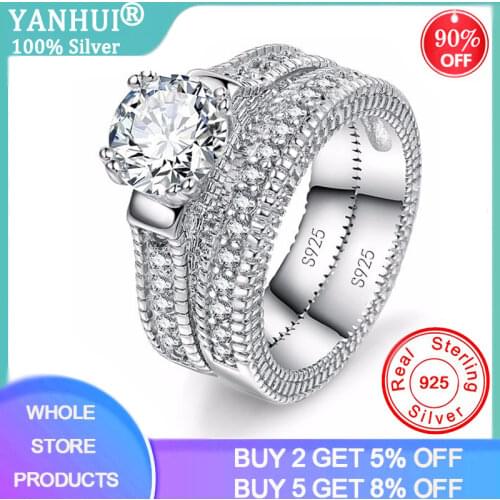 YANHUI New Arrival 100% Real 925 Sterling Silver Finger Ring Set For Female Super Luxury Gifts For Women Birthday Party Jewelry