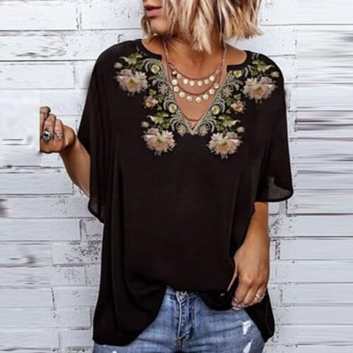 Summer Fashion Streetwear Women Top Elegant Vintage Flower Print Patchwork Shirt Casual V Neck Short Sleeve Loose Ladies Blosues