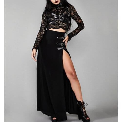 2021 Summer Fashion Gothic Women Solid Color Long Side High Slit High Waist Ankle Length Long Casual Skirt Streetwear