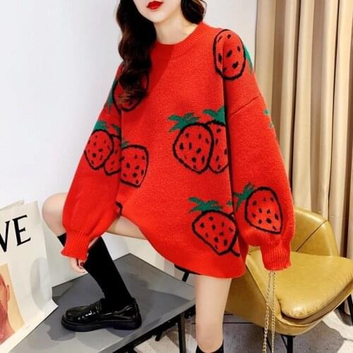 Women Knitted Sweater Cute Tops 2021 Autumn Winter Fashion Pullover Womens Korean Harajuku Sweet Strawberry Oversized Sweater