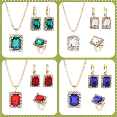 Fashion Austrian Rhinestone Necklace Ring Earrings Set Geometric Waterdrop Crystal Charm Pendant Gold Color Plated Women Jewelry