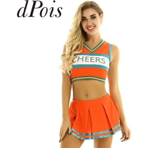 2Pcs Womens Girls Cheerleader Uniforms Cheerleading Costume Cheer Letter Printed V Neck Sleeveless Crop Top + Mini Pleated Skirt