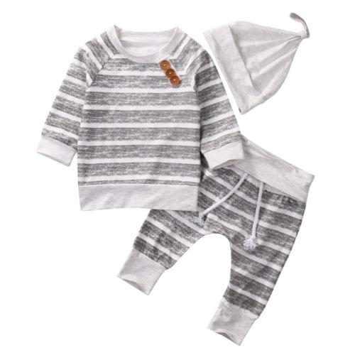2020 New Fall Autumn 0-18M Newborn Baby Boy Girl 3Pcs Set Striped Button Decorate Gray Top+Pants+Hat Infant Toddler Outfits