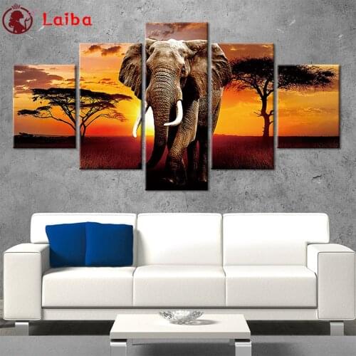 5D DIY Diamond Painting Modern animal art, sunset African elephant cross stitch mosaic full diamond embroidery painting5pcs